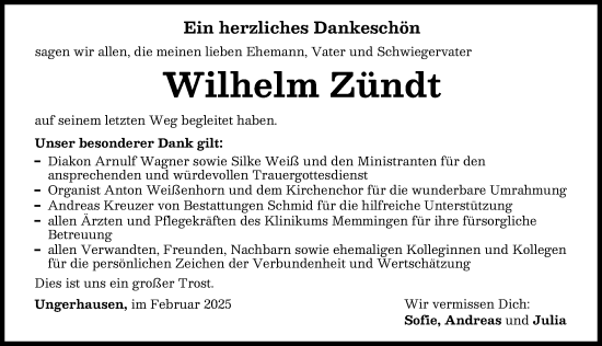 Traueranzeige von Wilhelm Zündt von Augsburger Allgemeine, Mindelheimer Zeitung