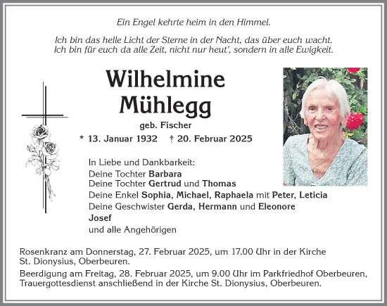 Traueranzeige von Wilhelmine Mühlegg von Allgäuer Zeitung, Kaufbeuren/Buchloe