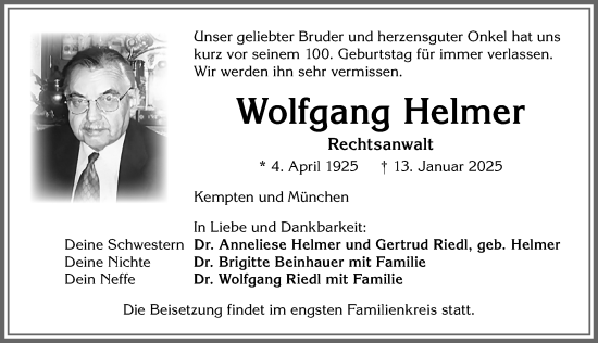 Traueranzeige von Wolfgang Helmer von Allgäuer Zeitung,Kempten