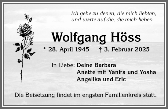 Traueranzeige von Wolfgang Höss von Allgäuer Anzeigeblatt