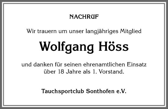 Traueranzeige von Wolfgang Höss von Allgäuer Anzeigeblatt
