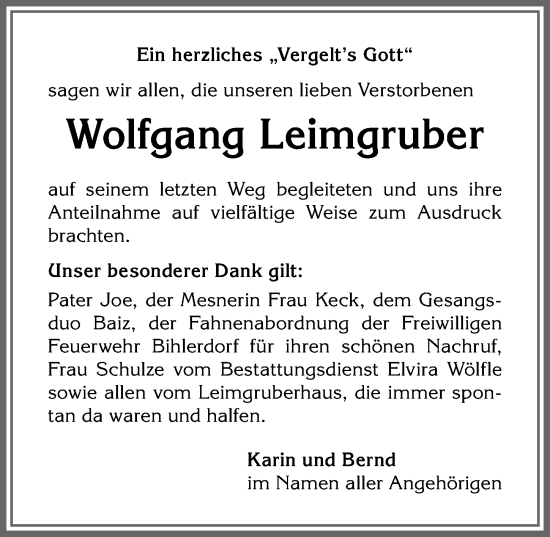 Traueranzeige von Wolfgang Leimgruber von Allgäuer Anzeigeblatt