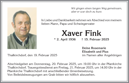 Traueranzeige von Xaver Fink von Allgäuer Anzeigeblatt