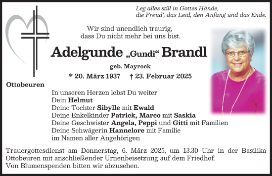 Traueranzeige von Adelgunde Brandl von Memminger Zeitung