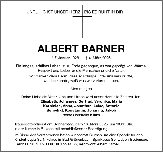 Traueranzeige von Albert Barner von Memminger Zeitung