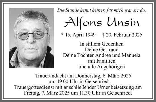 Traueranzeige von Alfons Unsin von Allgäuer Zeitung, Marktoberdorf