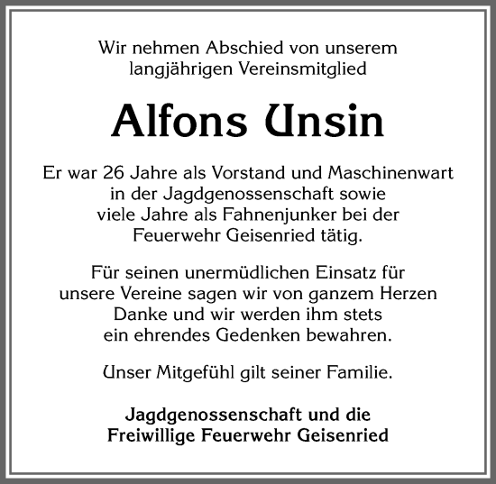 Traueranzeige von Alfons Unsin von Allgäuer Zeitung, Marktoberdorf