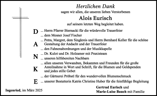 Traueranzeige von Alois Eurisch von Allgäuer Zeitung, Marktoberdorf
