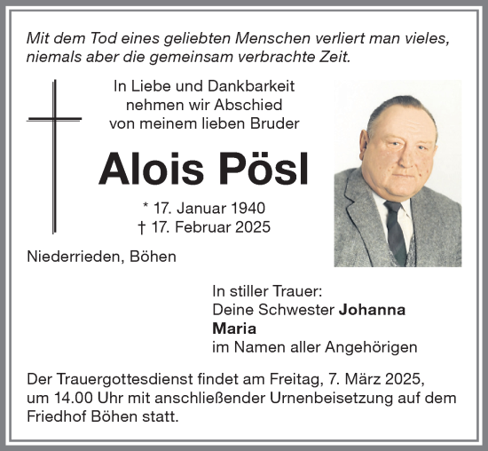Traueranzeige von Alois Pösl von Memminger Zeitung