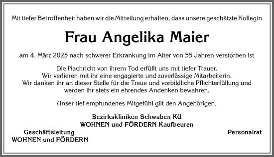 Traueranzeige von Angelika Maier von Allgäuer Zeitung, Kaufbeuren/Buchloe