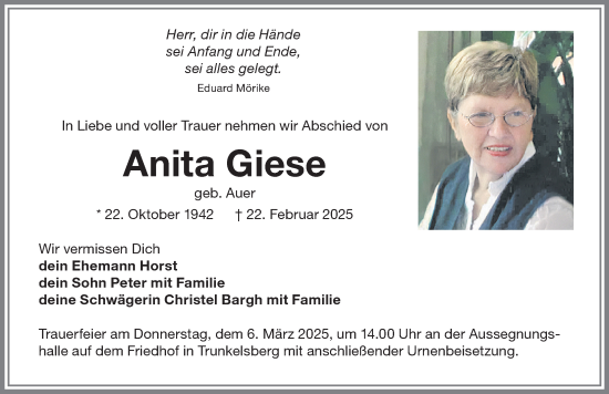 Traueranzeige von Anita Giese von Memminger Zeitung