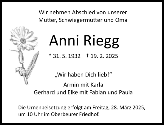 Traueranzeige von Anni Riegg von Allgäuer Zeitung, Kaufbeuren/Buchloe