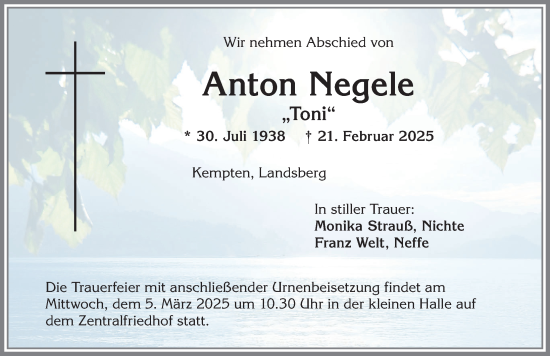 Traueranzeige von Anton Negele von Allgäuer Zeitung,Kempten