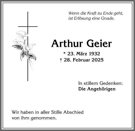 Traueranzeige von Arthur Geier von Allgäuer Anzeigeblatt
