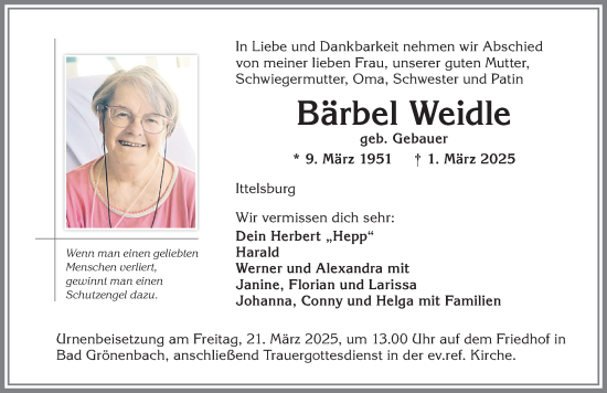 Traueranzeige von Bärbel Weidle von Memminger Zeitung