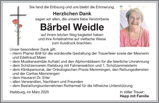 Traueranzeige von Bärbel Weidle von Memminger Zeitung