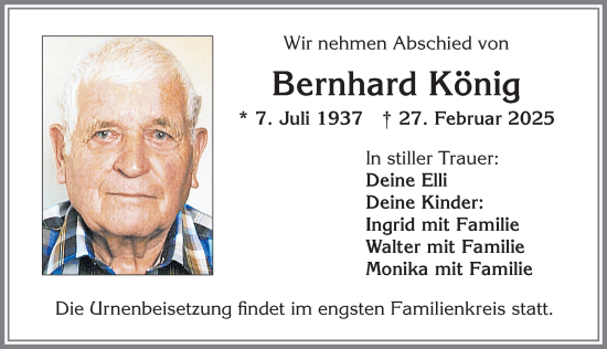 Traueranzeige von Bernhard König von Allgäuer Zeitung, Kaufbeuren/Buchloe