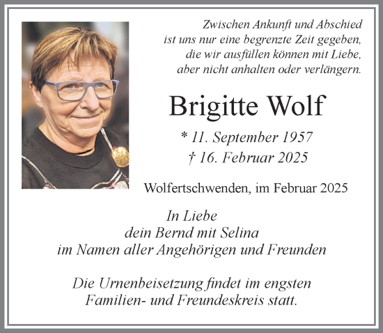 Traueranzeige von Brigitte Wolf von Memminger Zeitung