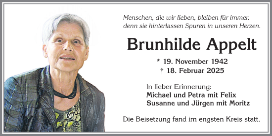 Traueranzeige von Brunhilde Appelt von Allgäuer Zeitung,Kempten