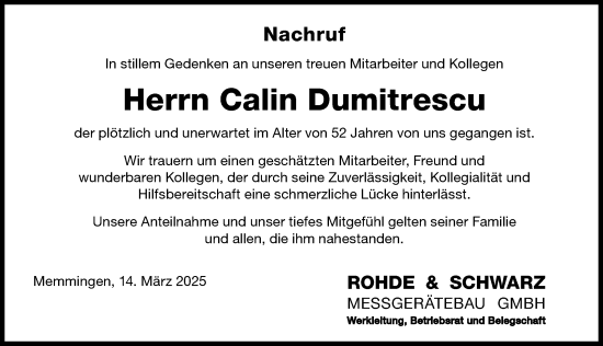 Traueranzeige von Calin Dumitrescu von Memminger Zeitung