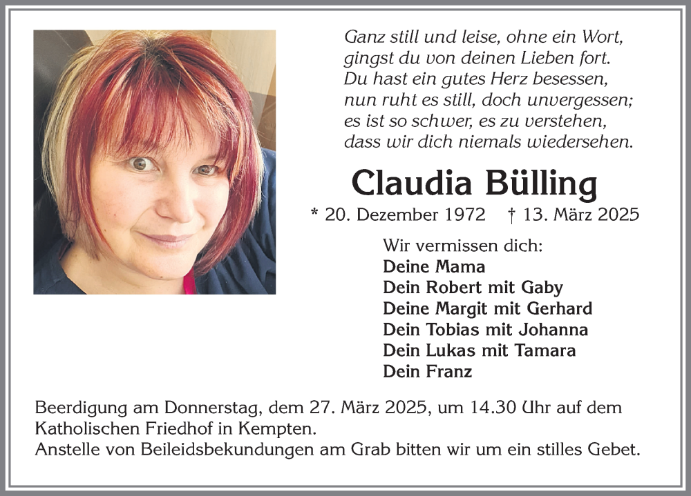  Traueranzeige für Claudia Bülling vom 22.03.2025 aus Allgäuer Zeitung,Kempten