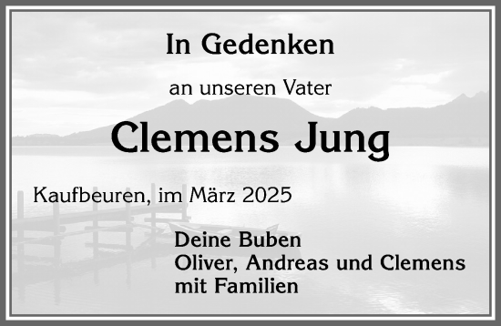 Traueranzeige von Clemens Jung von Allgäuer Zeitung, Kaufbeuren/Buchloe
