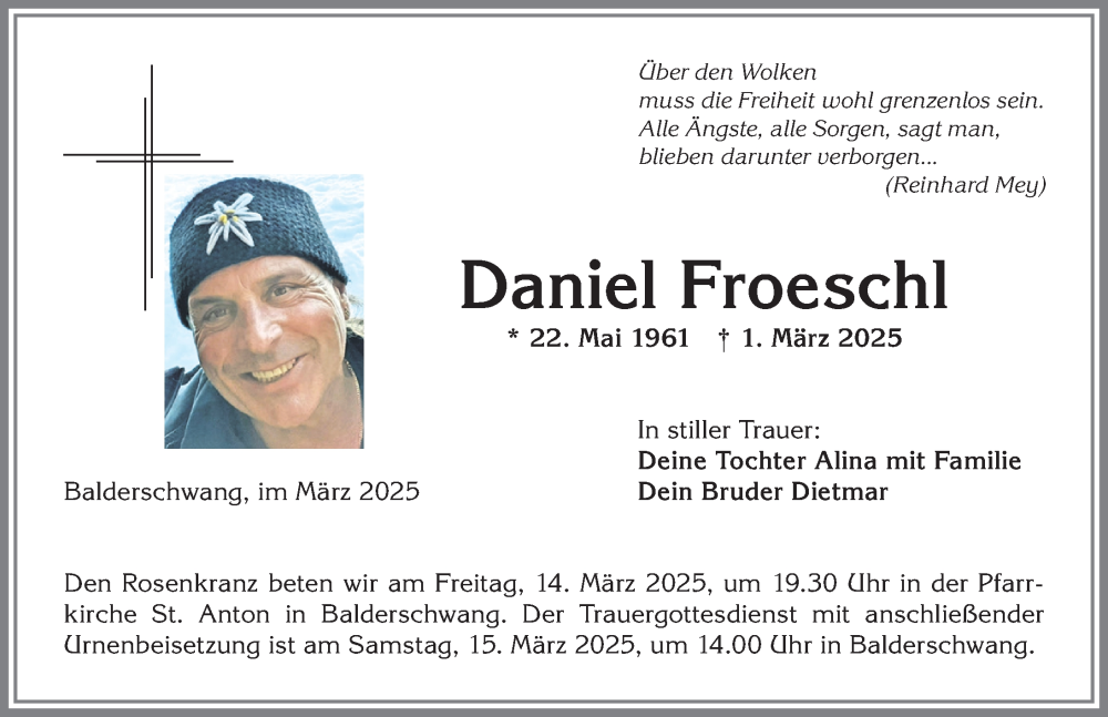  Traueranzeige für Daniel Froeschl vom 12.03.2025 aus Allgäuer Anzeigeblatt