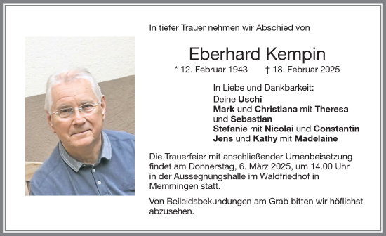 Traueranzeige von Eberhard Kempin von Memminger Zeitung