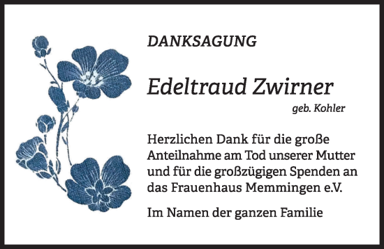 Traueranzeige von Edeltraud Zwirner von Memminger Zeitung