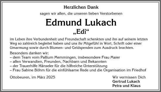 Traueranzeige von Edmund Lukach von Memminger Zeitung