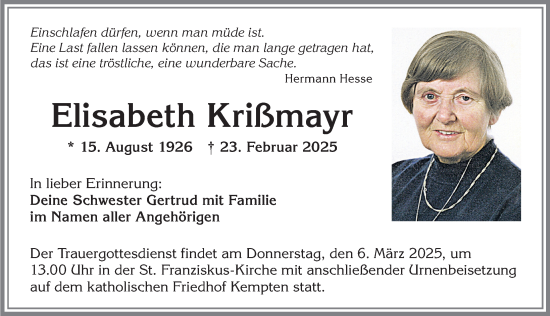 Traueranzeige von Elisabeth Krißmayr von Allgäuer Zeitung,Kempten