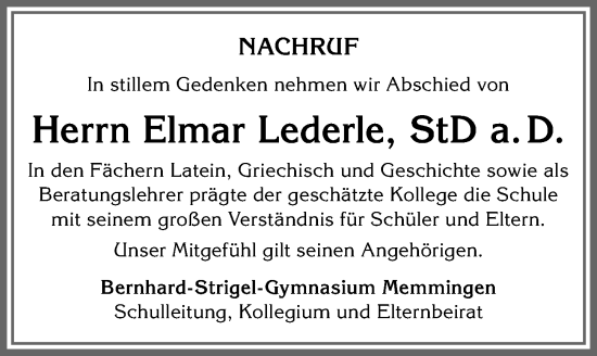 Traueranzeige von Elmar Lederle von Memminger Zeitung
