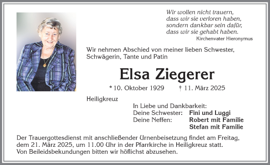 Traueranzeige von Elsa Ziegerer von Allgäuer Zeitung,Kempten