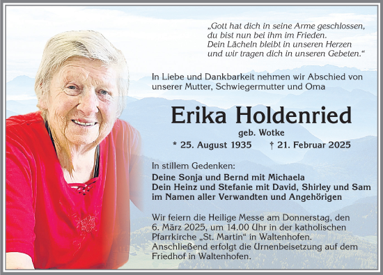 Traueranzeige von Erika Holdenried von Allgäuer Zeitung,Kempten
