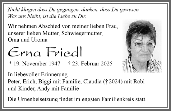 Traueranzeige von Erna Friedl von Allgäuer Zeitung, Marktoberdorf