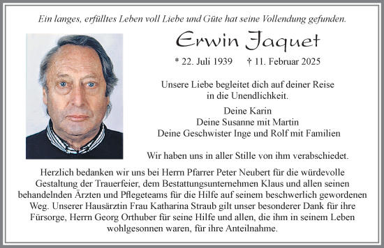Traueranzeige von Erwin Jaquet von Allgäuer Zeitung, Füssen