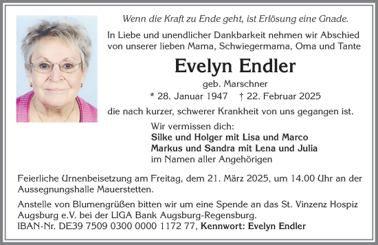 Traueranzeige von Evelyn Endler von Allgäuer Zeitung, Kaufbeuren/Buchloe