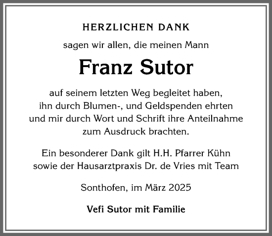 Traueranzeige von Franz Sutor von Allgäuer Anzeigeblatt