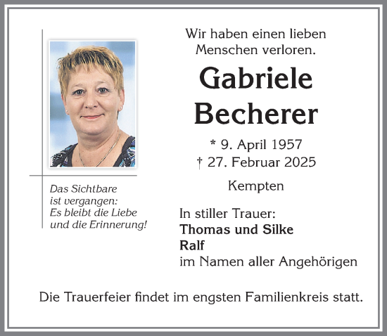 Traueranzeige von Gabriele Becherer von Allgäuer Zeitung,Kempten