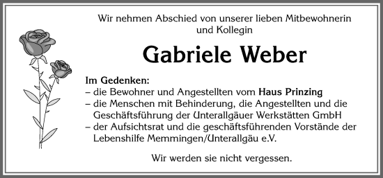 Traueranzeige von Gabriele Weber von Memminger Zeitung