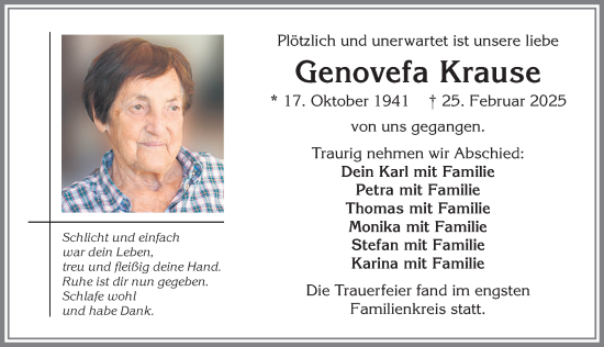 Traueranzeige von Genovefa Krause von Allgäuer Anzeigeblatt