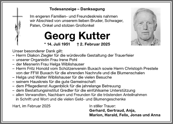 Traueranzeige von Georg Kutter von Memminger Zeitung