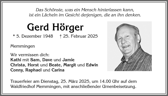 Traueranzeige von Gerd Hörger von Memminger Zeitung