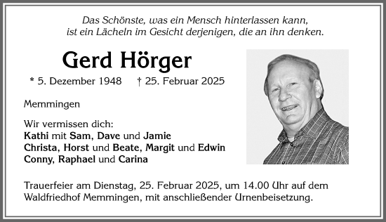 Traueranzeige von Gerd Hörger von Memminger Zeitung