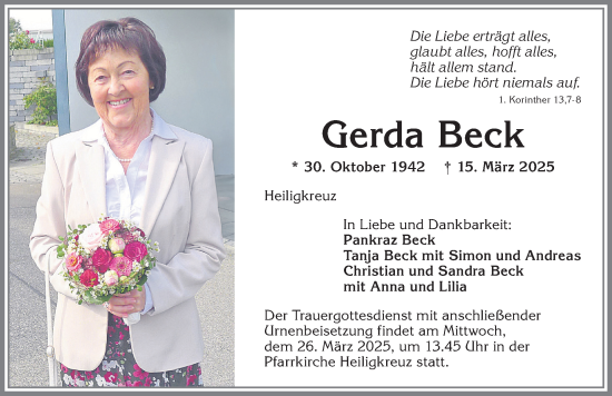 Traueranzeige von Gerda Beck von Allgäuer Zeitung,Kempten