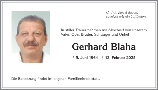 Traueranzeige von Gerhard Blaha von Allgäuer Anzeigeblatt