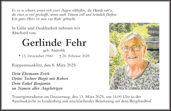Traueranzeige von Gerlinde Fehr von Der Westallgäuer