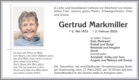 Traueranzeige von Gertrud Markmiller von Allgäuer Zeitung,Kempten