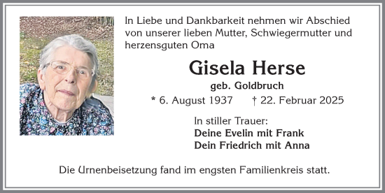 Traueranzeige von Gisela Herse von Allgäuer Zeitung, Kaufbeuren/Buchloe