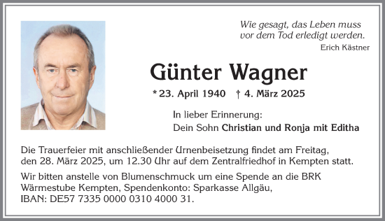 Traueranzeige von Günter Wagner von Allgäuer Zeitung,Kempten